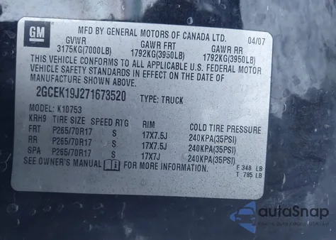 2007 Chevrolet Silverado 1500 Lt2 z USA, uszkodzony, nr VIN 2GCEK19J271673520